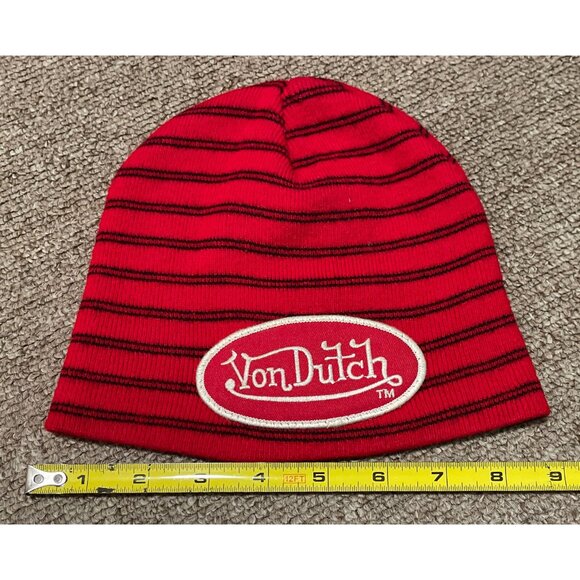 Vintage 90s Von Dutch Striped Embroidered Logo Beanie Knit Cap OSFA Red - Picture 2 of 4